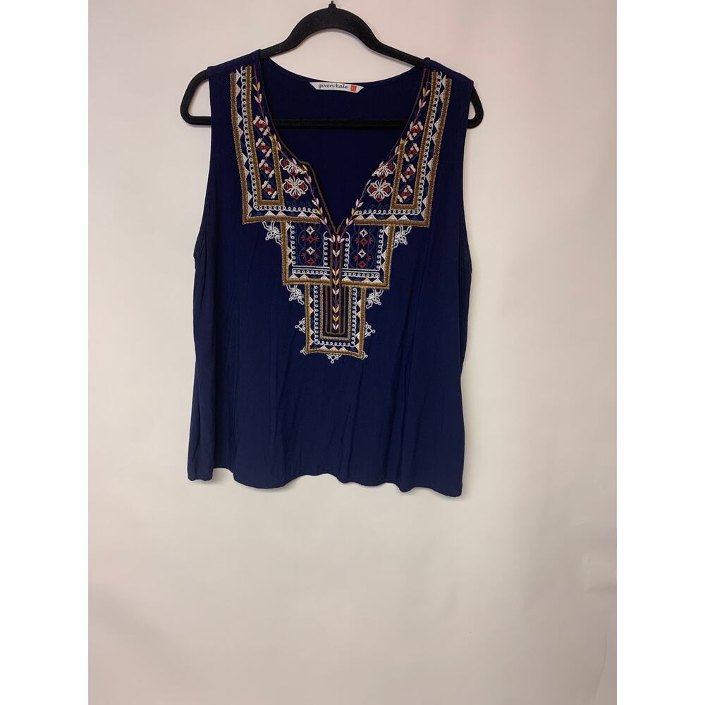 Given Kale Sleeveless Blouse Aztec Trim Print Causal Lightweight Womens SZ XL